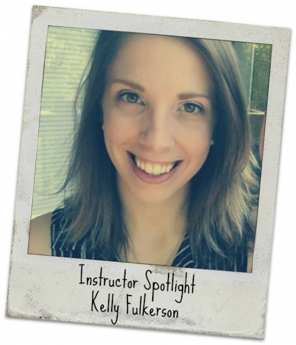 Polaroid style picture of Kelly Fulkerson with 'Instructor Spotlight Kelly Fulkerson'